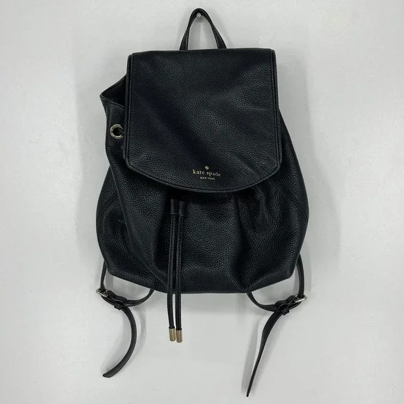 Kate Spade New York Black Pebbled Leather Drawstring Flap Backpack Small