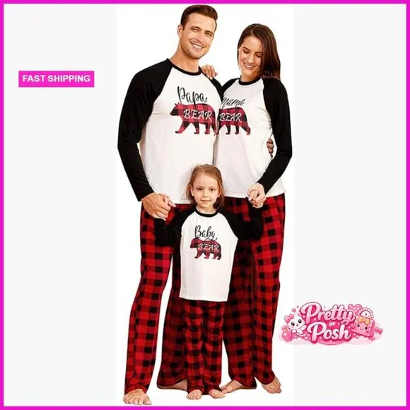 Matching Christmas Pajamas Set Letter Print Top Plaid Pants Pockets