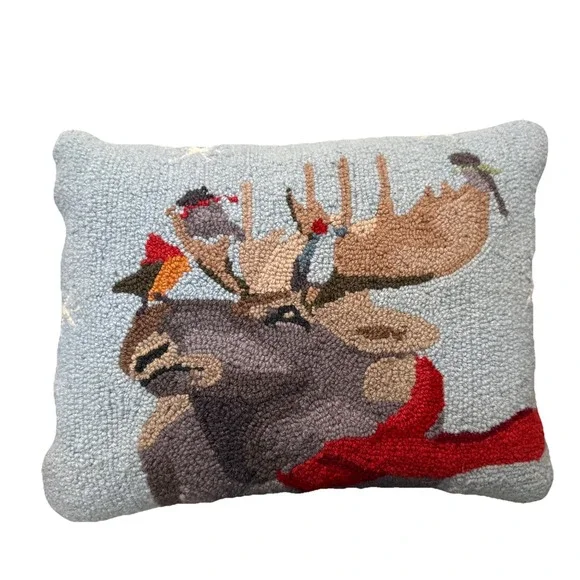 Grandin Road Moose Winter Wonderland Hooked Wool Pillow Holiday Accent 14x18