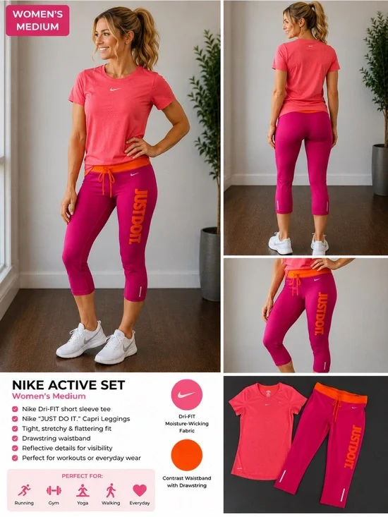 Nike Pink & Orange Capri Leggings with Matching Tee Active Set
