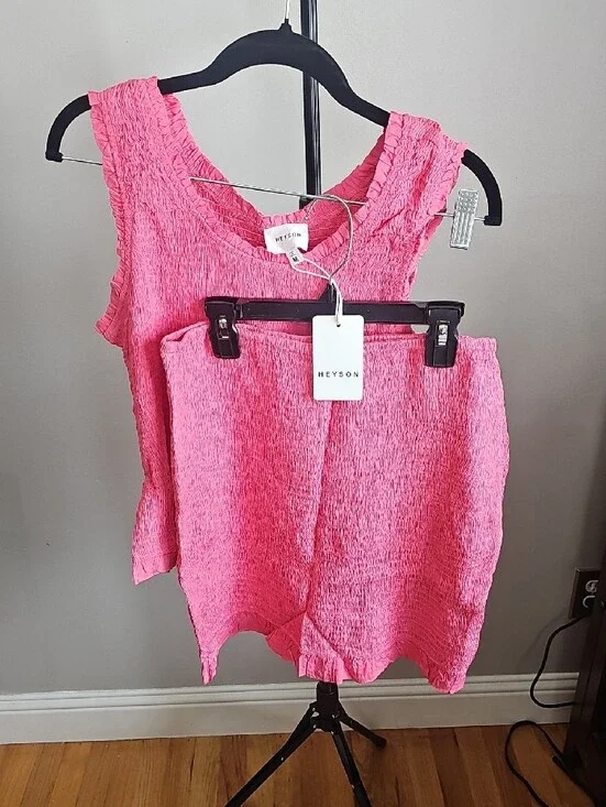 Heyson Women's Pink Sleeveless Smocked Top And Mini Matching Skirt Set.
