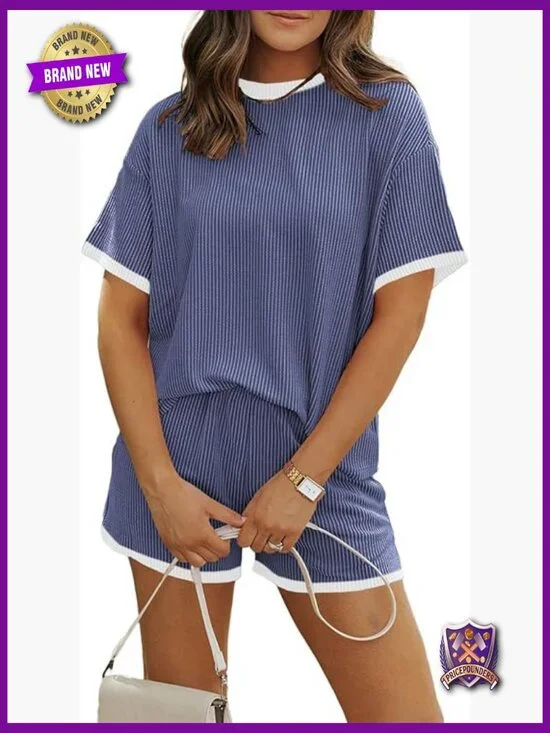 Women 2 Piece Shorts Set Ribbed Lounge Matching Outfit Summer Cruise