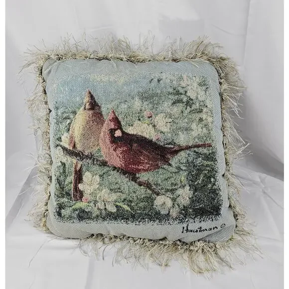 Gorgeous Tapestry Throw Pillow Features Winter Scene w/ 2‎ Cardinals on a branch
