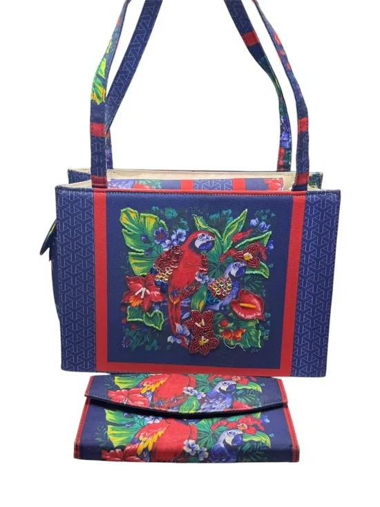 Tropical Parrot Beaded Embroidered Canvas Tote Bag Matching Wallet Set Y2K