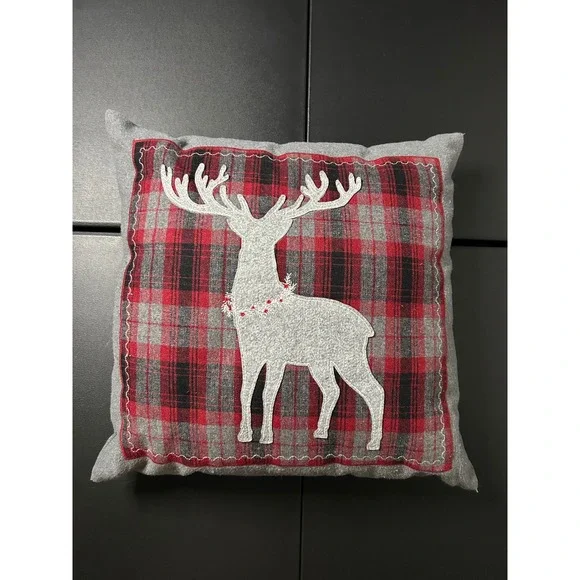 Unbranded Gray Red Plaid Reindeer Throw Pillow