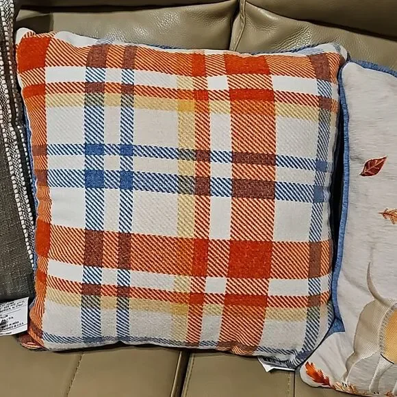 Fall Plaid Decor Throw Pillow Reversible Orange, Blue & Cream NWT