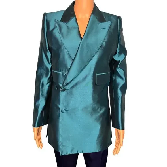 Dolce & Gabbana Cyan Green Mikado Silk Double-breasted Blazer IT 38 Oversized