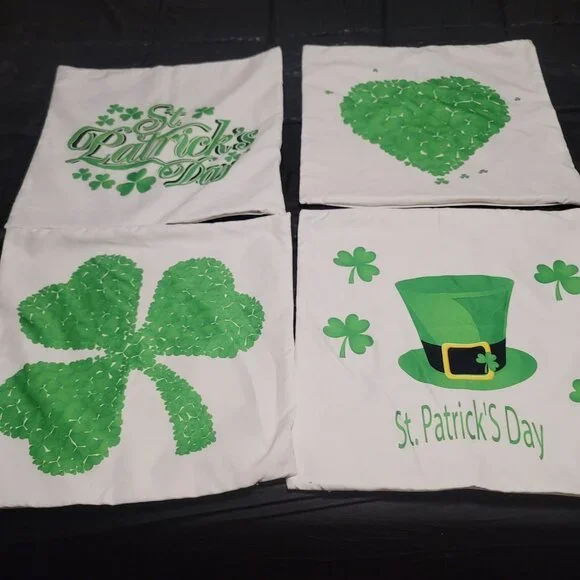 4 Vtg Style Green White St Patty Paddy Day Pillow Cover  Appx 16x16
