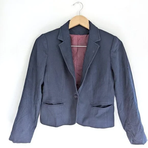 Vintage Larry Levine Crop Navy Blue Tailored Fitted Blazer, One Button Jacket