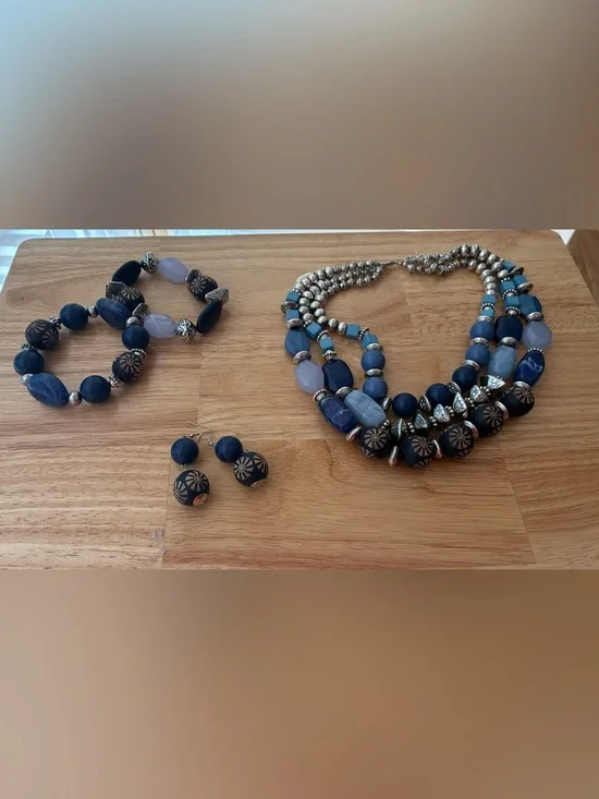 Blue Beaded Multi-Strand Necklace with two bracelets & Matching Earrings Set