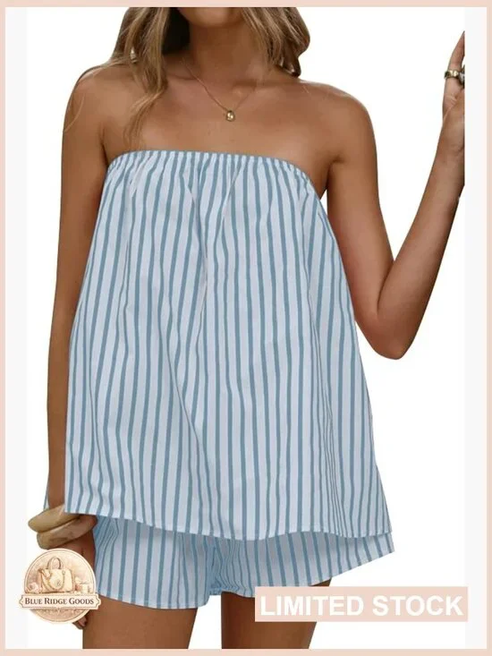 Two Piece Striped Shorts Set Strapless Tube Top Matching Y2K Backless Lounge