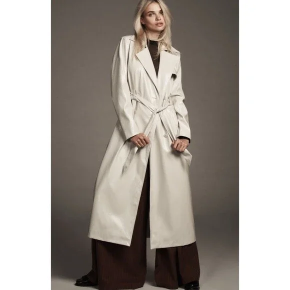 Anthropologie Trench Coat Women Ivory Belted High Shine Preppy Boho Size 4 NWT