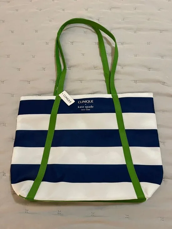NWT Clinique x Kate Spade New York Navy White Stripe Green Handle Tote Bag