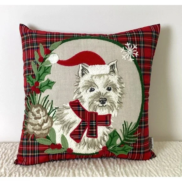 Christmas Dog Throw Pillow Yorkie Terrier Plaid Embroidered LovingKindness