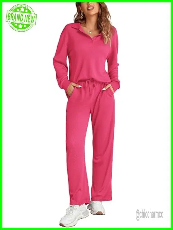 Womens 2 Piece Matching Lounge Set Sweatsuit Waffle Knit Pajamas Long Sleeve