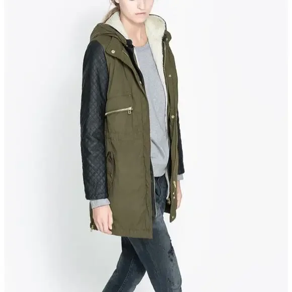 ZARA Jacket Faux Fur Lined Jacket Leather Sleeve Full Zip Hooded Green Black XS