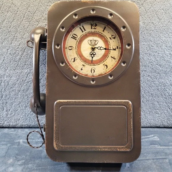 Retro Old Telephone Wall Clock Hidden Key Cabinet Distressed Bronze 16
