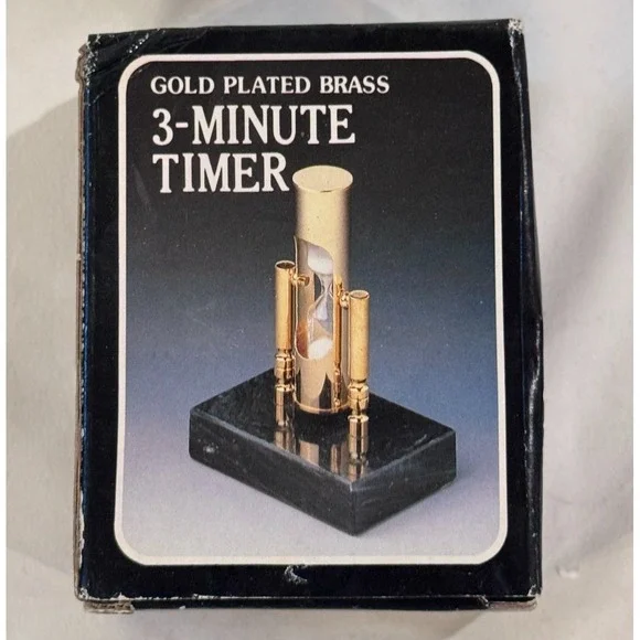 NEW Vintage Gold Plated Brass 3 Minute Timer Sand Hourglass Marbled Base Desk