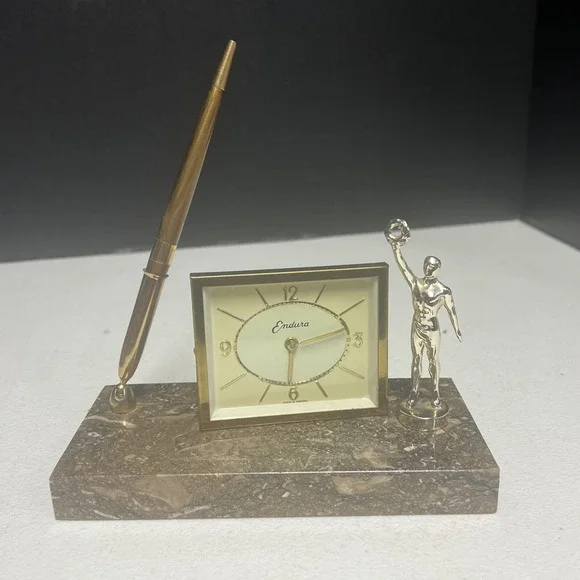 Vintage Endura Desk Clock With Granite Base, Pen, And Victory Statue. Untested.