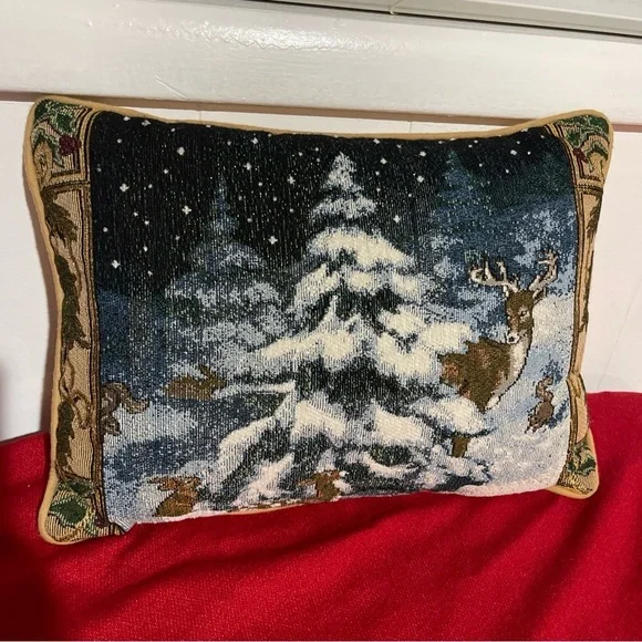 Holiday Tapestry Pillow with Snowy Scene 17X12