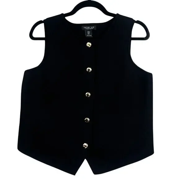 Rachel Zoe Minimalist Knit Vest M Black Gold Button Sleeveless Preppy Old Money