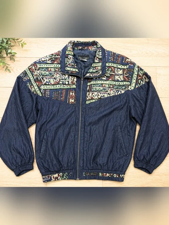 Vintage Tall Girl 100% Silk Windbreaker Jacket Women Large Blue Abstract Zip Fro