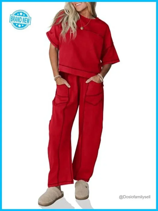 Cotton Blend 2 Piece Lounge Set Short Sleeve Top Wide Leg Pants Matching Set