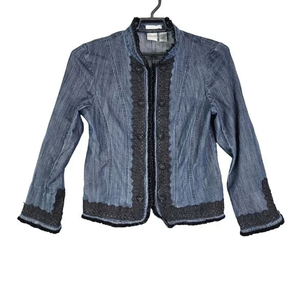 Womens Emma James Blue Denim Jacket w/ Black Lace Trim Size 10