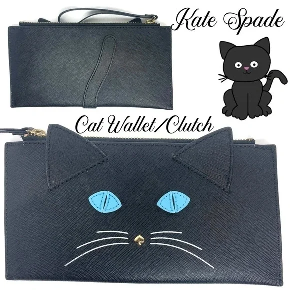 Kate Spade Cat Black Blue Eyed Wallet Clutch EUC