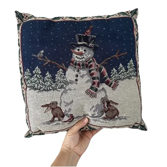 VTG 90s Christmas Tapestry Snowman Forest Throw Pillow 13x14 Cottagecore Country