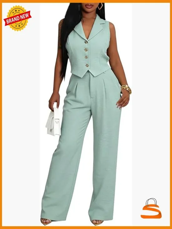 Vest Blazer Wide Leg Pants 2 Piece Set Sleeveless Matching Suit