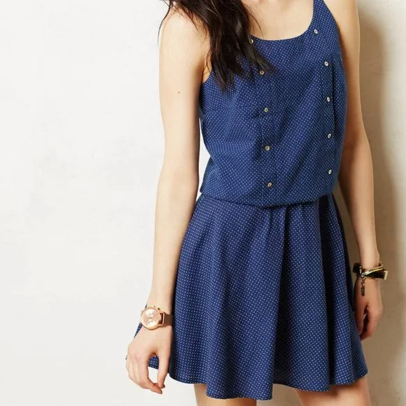 Anthropologie Dotted Buttonline Tank Top & Matching Skirt Set Navy Blue, Size L