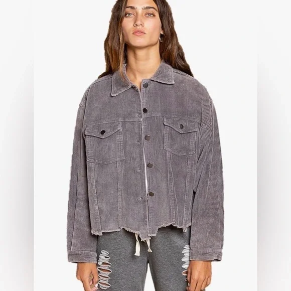 POL Women's Lavender/grey Raw Hem Corduroy Trucker Jacket