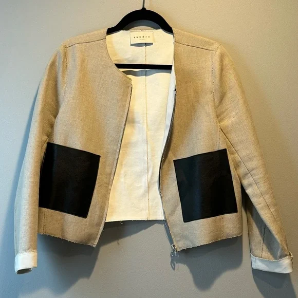 Sandro Beige Linen + Black Leather Pocket Jacket