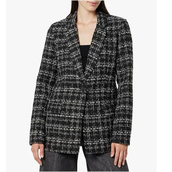 The Drop Blazer Womens Size XS Blake Long Plaid Single Breasted Black Boucle