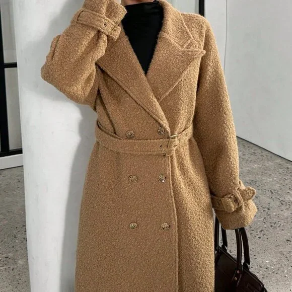Khaki Casual Women's Teddy Fleece Oversized Trench Coat