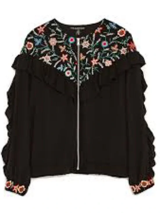 Zara Trf jacket Black embroidered Zip Up Bomber multi floral ruffle sleeve frill