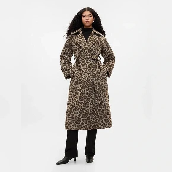 Gap XXS Double-Breasted Leopard Trench Coat Grey Brown