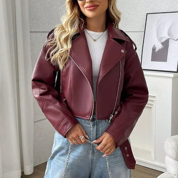 Burgundy Casual Women's Minimalist Zipper faux leather Short Jacket