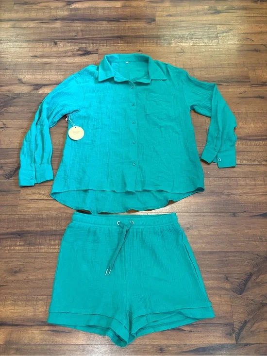 2 Peice Matching Set Gauze Kelly Button Up Shirt Shorts Textured Oversize Large