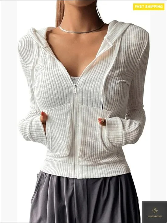 Lightweight Zip Up Hoodie Cropped Jacket Drawstring Long Sleeve Knit Cozy
