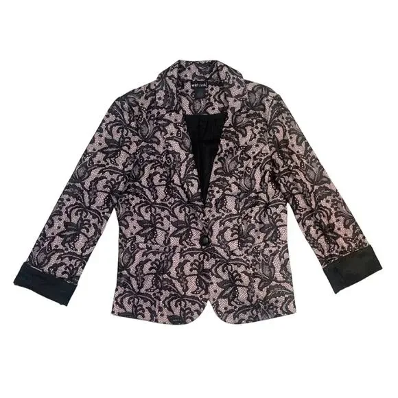 Lace Pink Black Blazer Size Medium 3/4 Sleeve Jacket Floral Elegant Romantic