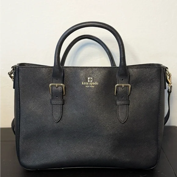 Kate Spade Black Leather Tote Crossbody Bag Gold Hardware