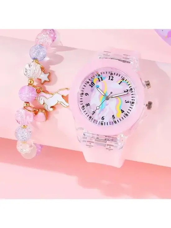 Girls Pink Silicone Watch with Matching Beaded Bracelet Set