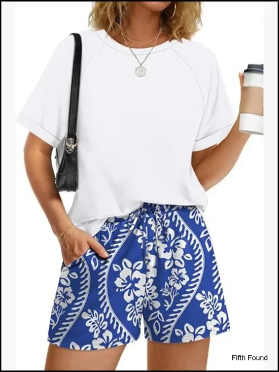 Two Piece Short Set for Women Crew Neck Lounge Matching Outfit