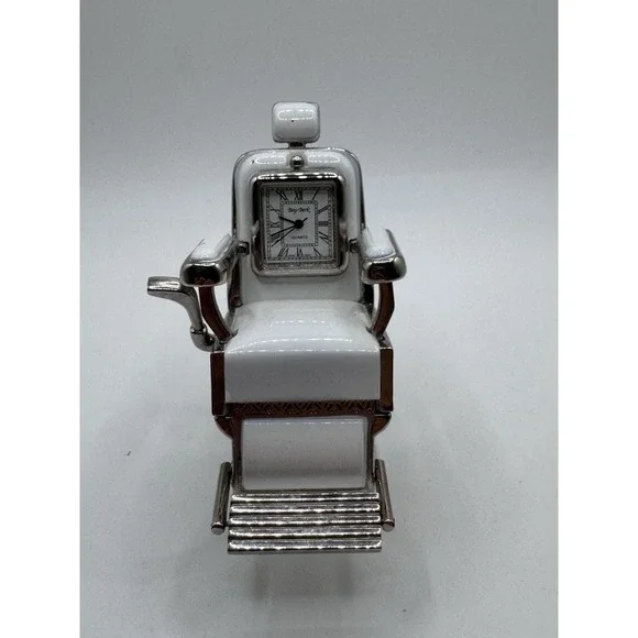 Miniature Vintage Style Barber Chair Clock - White Collectible Works New Battery