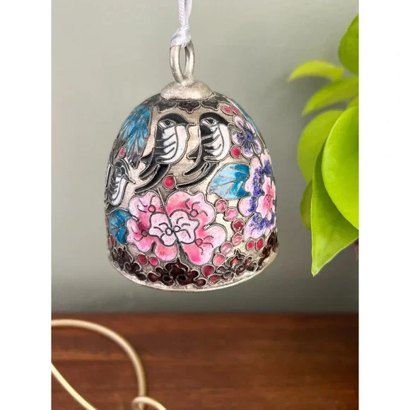 Cloisonne Enamel Bell Bird Floral Design Decorative Hanging Bell