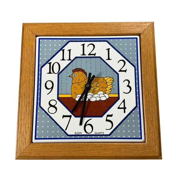 Vintage Elgin Quartz Wall Clock Chicken Hen Ceramic Tile Wood Frame Country