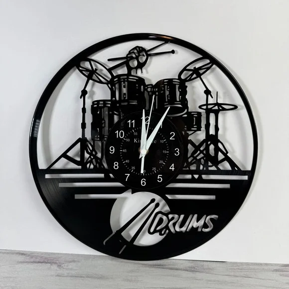 Vintage Vinyl Record Wall Clock Drum Set Silhouette Music Room Decor 12