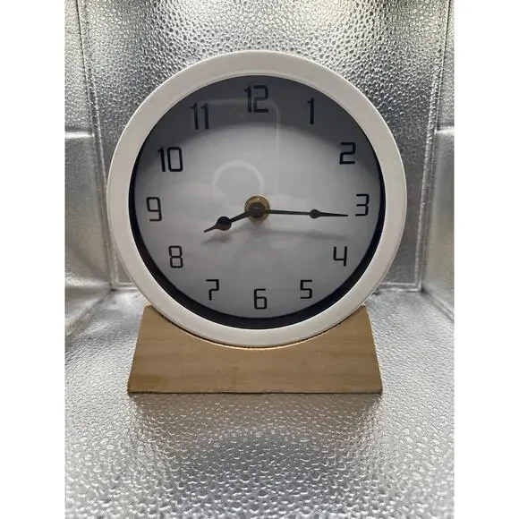 IKEA Minimalist Round White Table Clocks with Light Wood Stand Bundle